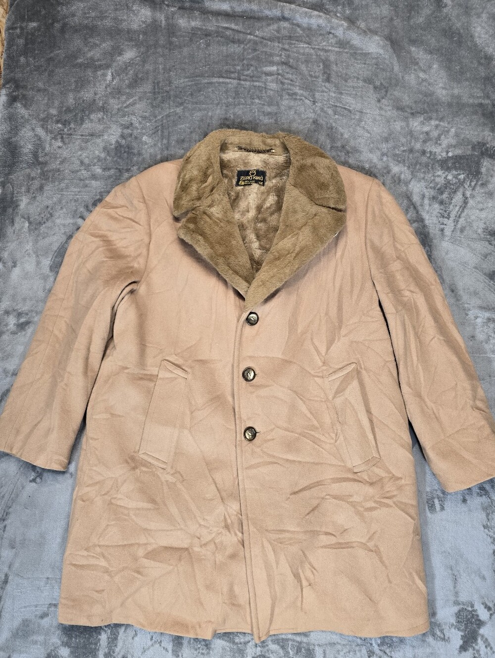 Vintage 70's Zero King Over Coat Car Coat Size 48 Faux Fur Lined Tan Wool USA